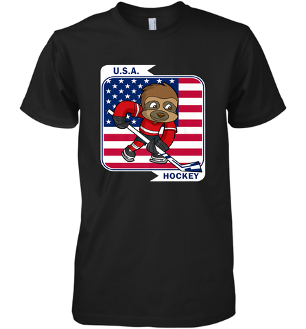Sloth Ice Hockey USA America Patriotic American Flag Gift Premium Men's T-Shirt Premium Men's T-Shirt / Black / XS Premium Men's T-Shirt - Eddytshirt