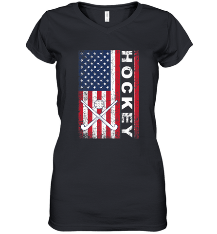 USA American Flag Hockey Player Perfect Gift Women's V-Neck T-Shirt Women's V-Neck T-Shirt / Black / S Women's V-Neck T-Shirt - Eddytshirt