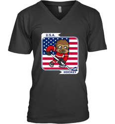 Sloth Ice Hockey USA America Patriotic American Flag Gift V-Neck T-Shirt