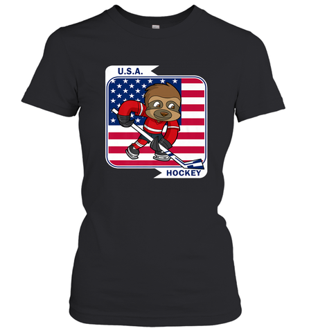 Sloth Ice Hockey USA America Patriotic American Flag Gift Women's T-Shirt Women's T-Shirt / Black / S Women's T-Shirt - Eddytshirt