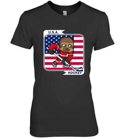 Sloth Ice Hockey USA America Patriotic American Flag Gift Premium Women's T-Shirt Premium Women's T-Shirt / Black / XS Premium Women's T-Shirt - Eddytshirt