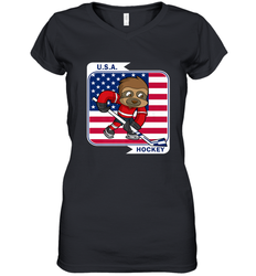 Sloth Ice Hockey USA America Patriotic American Flag Gift Women's V-Neck T-Shirt