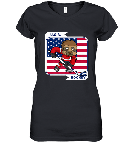 Sloth Ice Hockey USA America Patriotic American Flag Gift Women's V-Neck T-Shirt Women's V-Neck T-Shirt / Black / S Women's V-Neck T-Shirt - Eddytshirt