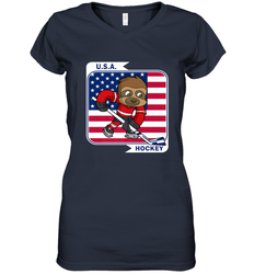 Sloth Ice Hockey USA America Patriotic American Flag Gift Women's V-Neck T-Shirt