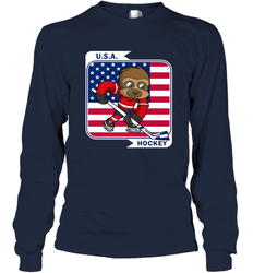 Sloth Ice Hockey USA America Patriotic American Flag Gift Long Sleeve T-Shirt